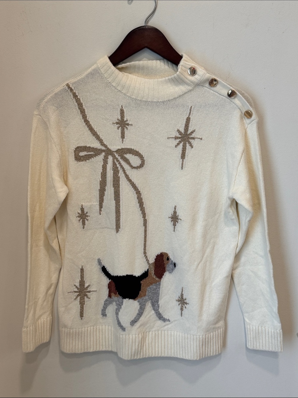 Talbots Petite Beagle Dog Metallic Star Knit Sweater – Off White (Small Petite)